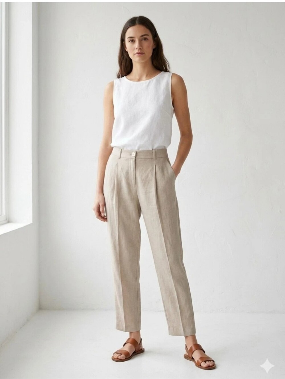 Mango Mng High-Rise Tailored Linen Pants in Beige Sz 6